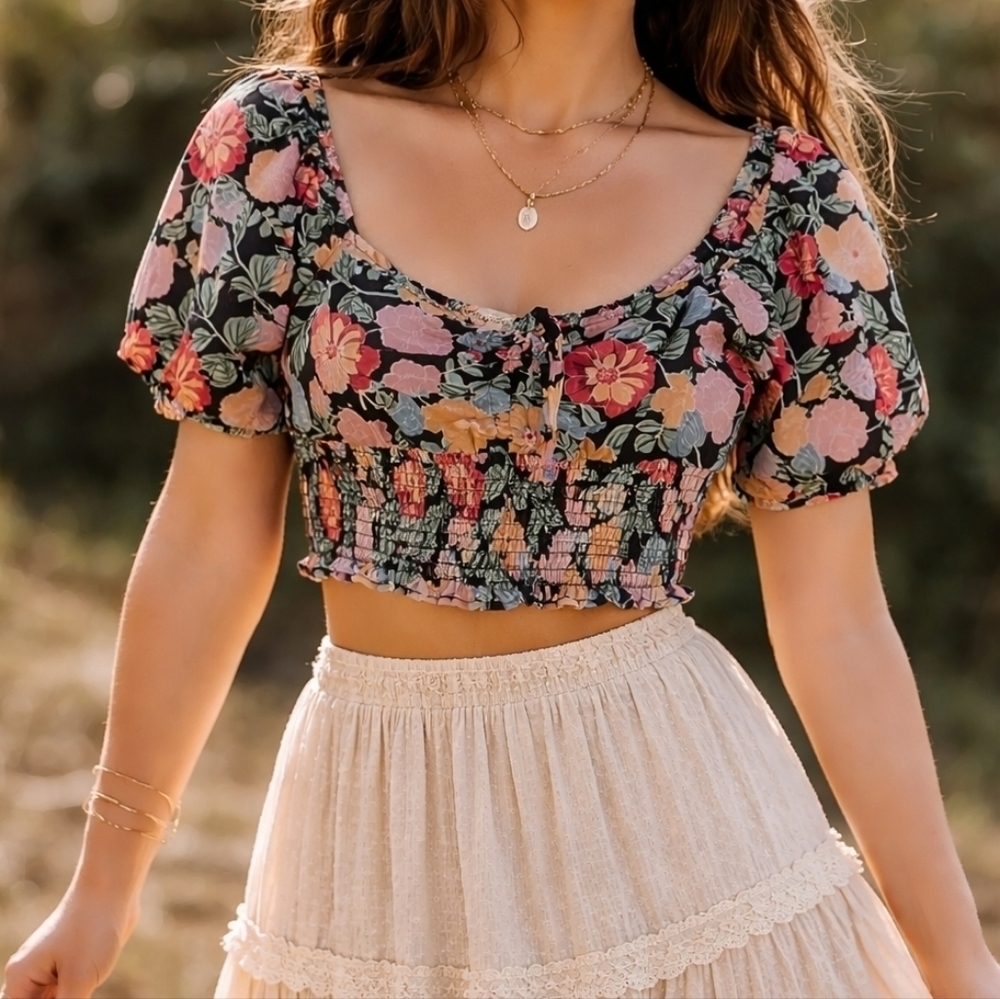 B.O.G Collective Floral Smocked Crop Top Boho Puff Sleeve Cottagecore Medium